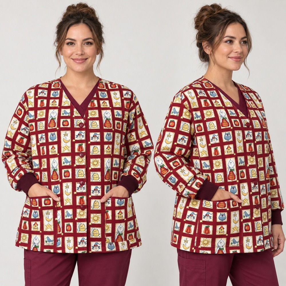 Vintage Folk Art Owl Pumpkin Scrub Jacket XL Burgundy Long Sleeve Button Front